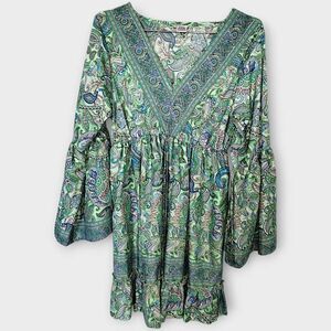 Womens Boho‎ Dress Ruffle Flare Sleeves Bohemian Blue Green Floral V Neck Boho